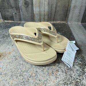 Crocs Women's Sloane Glitter Wedge Flip Flop Beige 207665-2J2 Size 10 Sandal